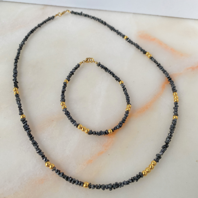 Noir Stellar Black Diamond and 18k Solid Gold Beads Bracelet