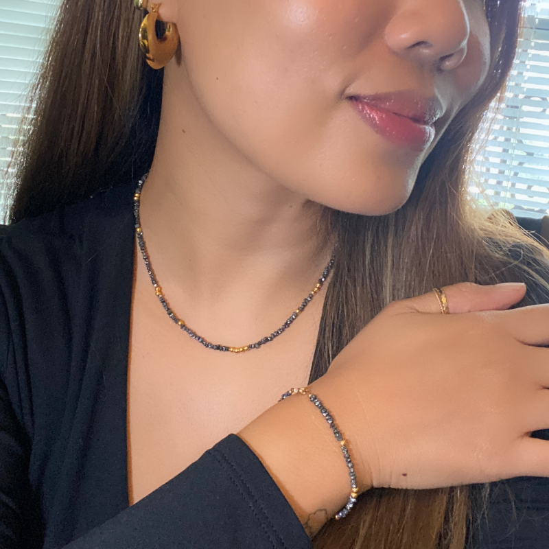 Noir Stellar Black Diamond and 18k Solid Gold Beads Bracelet