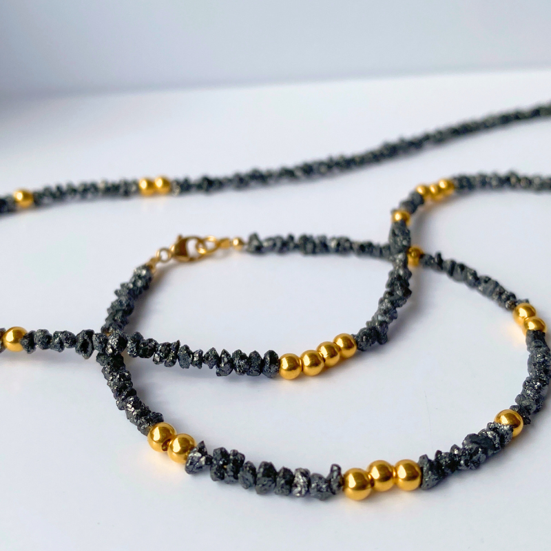 Noir Stellar Black Diamond and 18k Solid Gold Beads Bracelet