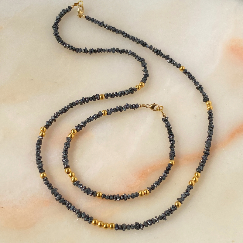 Noir Stellar Black Diamond and 18k Solid Gold Beads Bracelet