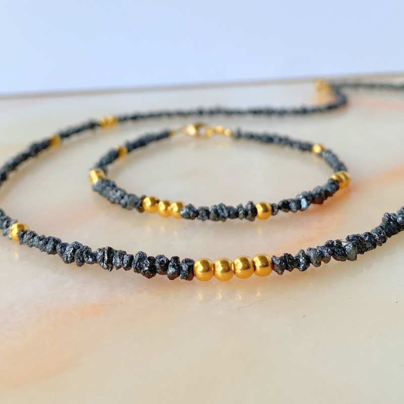 Noir Stellar Black Diamond and 18k Solid Gold Beads Bracelet
