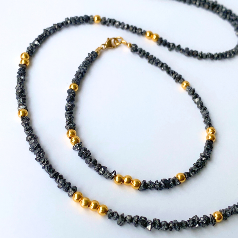 Noir Stellar Black Diamond and 18k Solid Gold Beads Bracelet