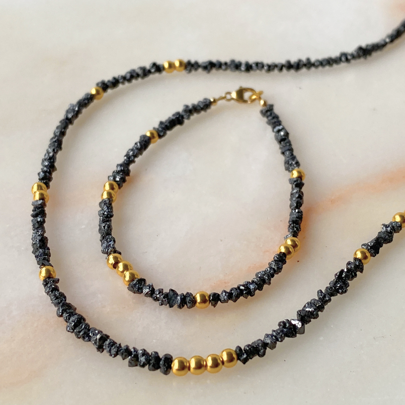 Noir Stellar Black Diamond and 18k Solid Gold Beads Bracelet