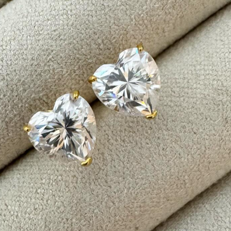 Heart Shaped Cut Moissanite Studs in 18k Solid Gold Setting