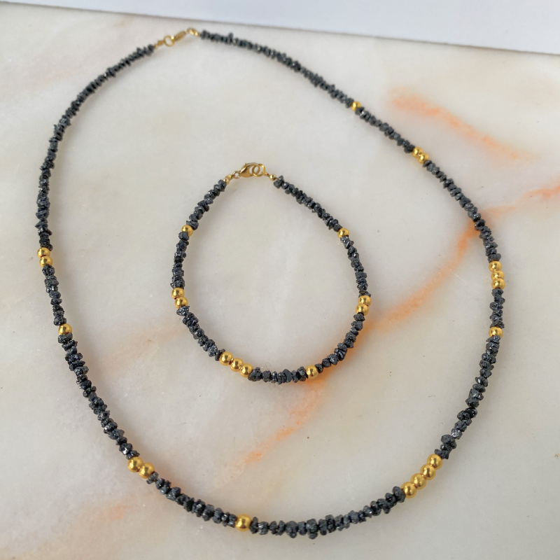 Noir Stellar Black Diamond and 18k Solid Gold Beads Necklace