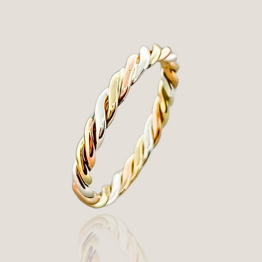 18K Solid Gold Tri-Color Twisted Rope Ring