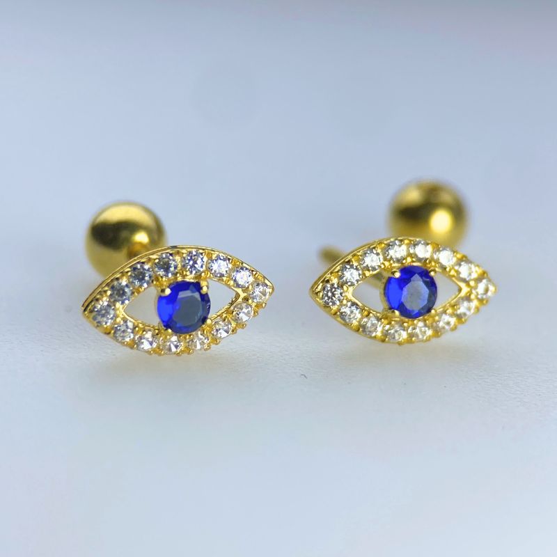 18K Solid Gold Evil Eye Stud Earrings – Minimalist Protection Jewelry with Screw-On Backs, Waterproof & Tarnish-Free