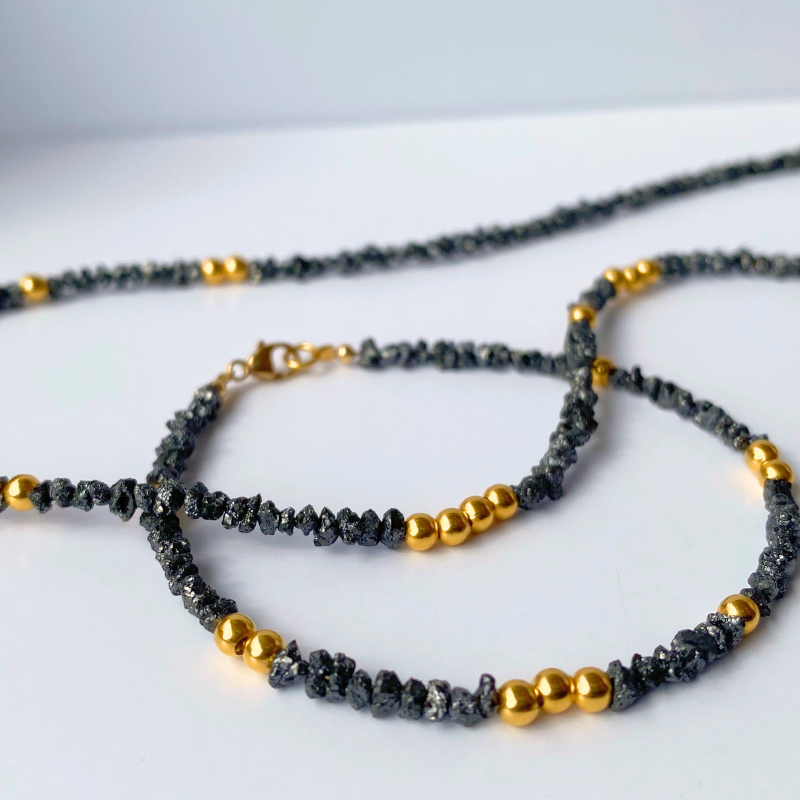 Noir Stellar Black Diamond and 18k Solid Gold Beads Necklace