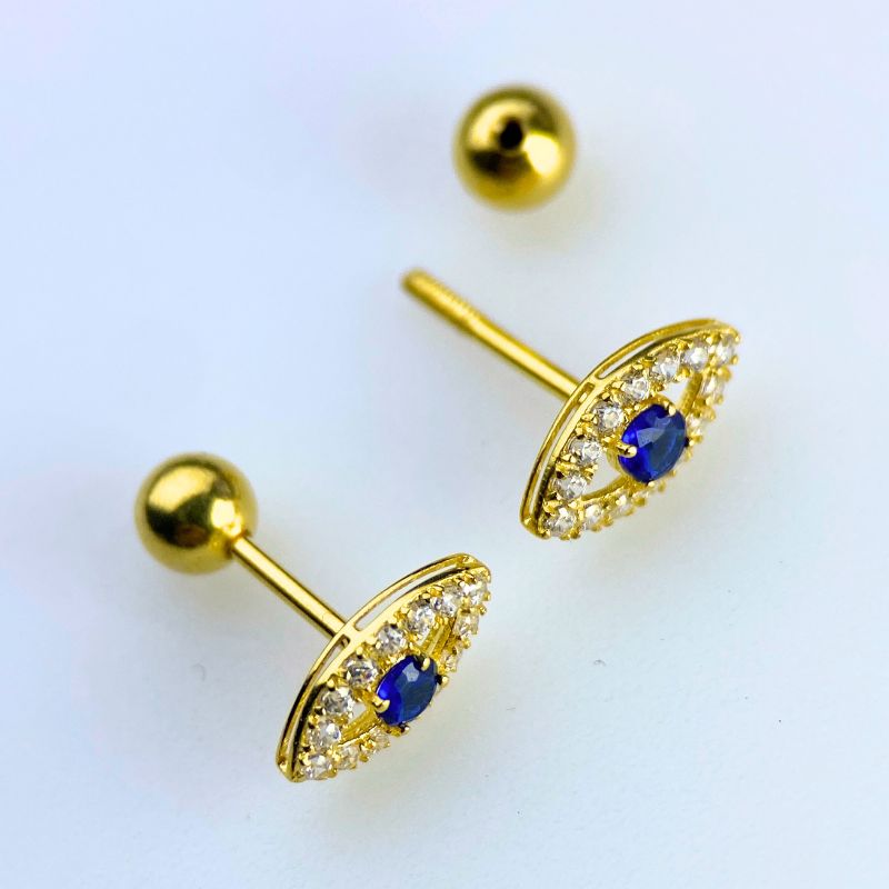 18K Solid Gold Evil Eye Stud Earrings – Minimalist Protection Jewelry with Screw-On Backs, Waterproof & Tarnish-Free