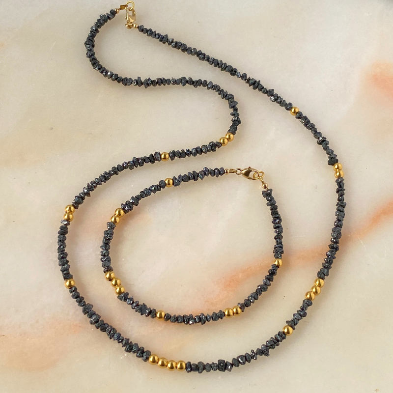 Noir Stellar Black Diamond and 18k Solid Gold Beads Necklace