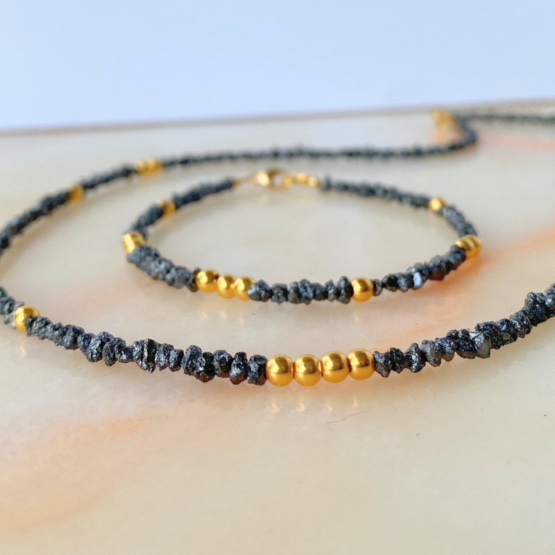 Noir Stellar Black Diamond and 18k Solid Gold Beads Necklace