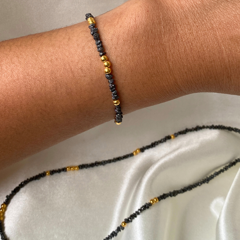 Noir Stellar Black Diamond and 18k Solid Gold Beads Bracelet