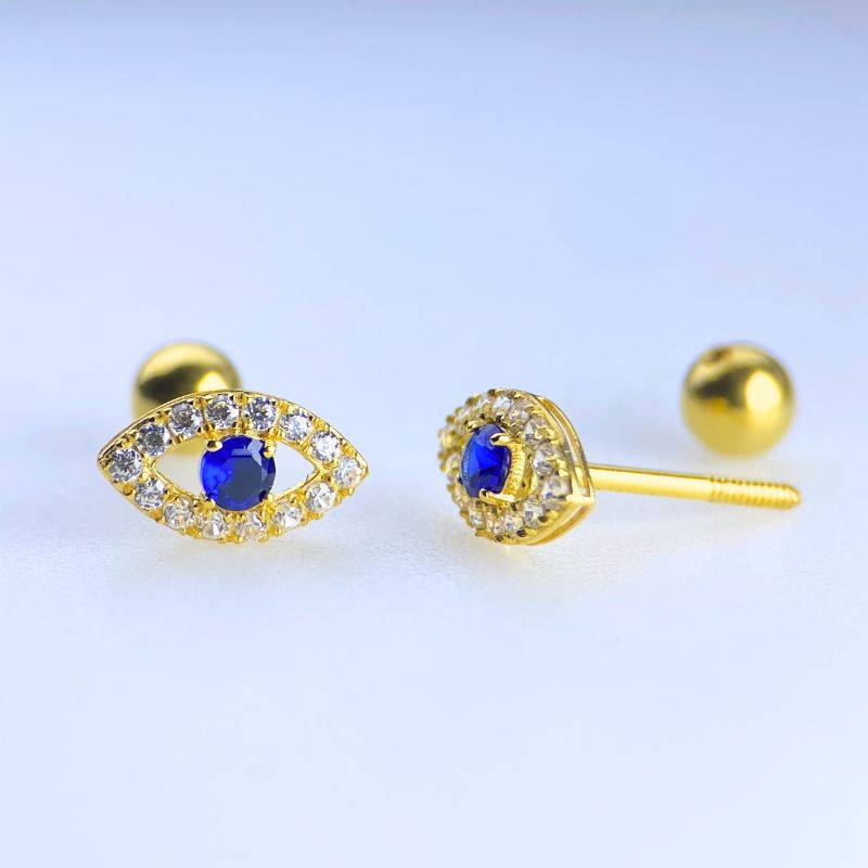 18K Solid Gold Evil Eye Stud Earrings – Minimalist Protection Jewelry with Screw-On Backs, Waterproof & Tarnish-Free