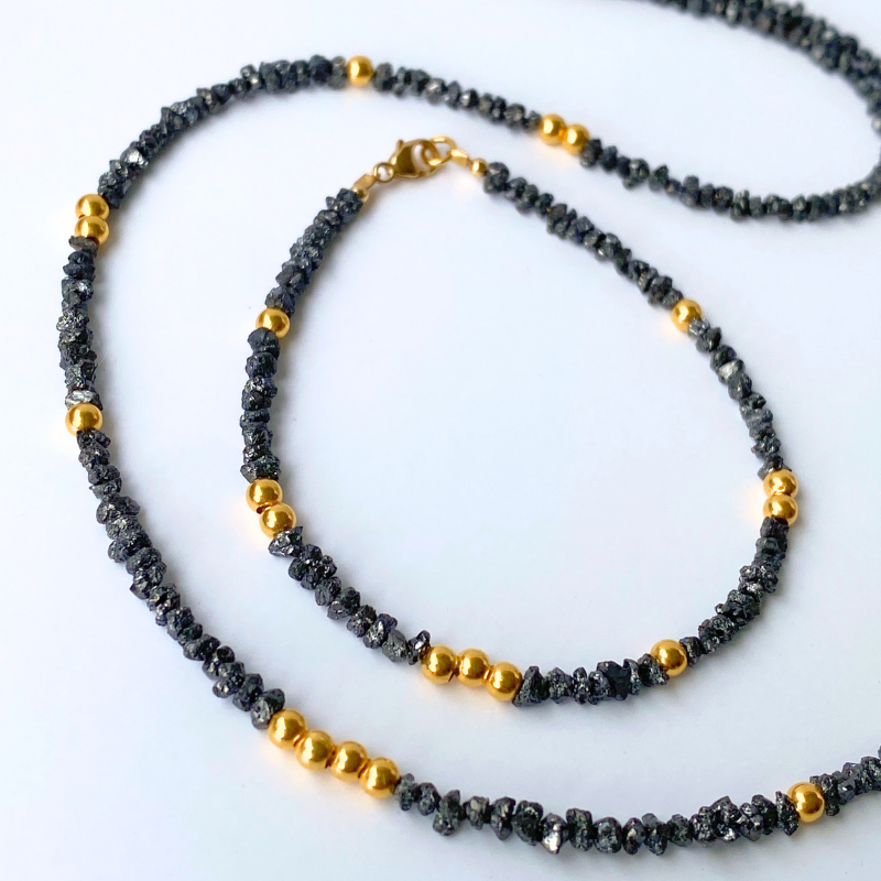 Noir Stellar Black Diamond and 18k Solid Gold Beads Necklace