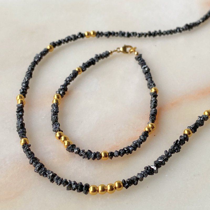 Noir Stellar Black Diamond and 18k Solid Gold Beads Necklace